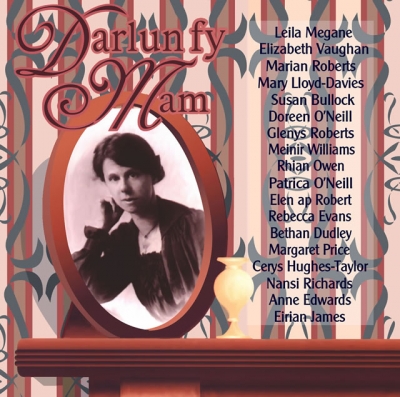 A softly focused monochrome portrait of a woman in a red-brown oval frame, with an ornate title, a column of names and a patterned backdrop.