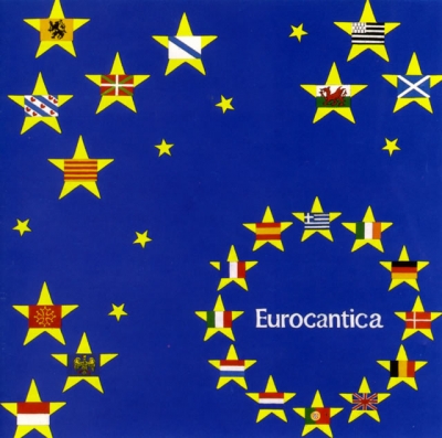 A cobalt-blue square scattered with yellow stars, many filled with small colourful patterns, loosely circling the word “Eurocantica”.