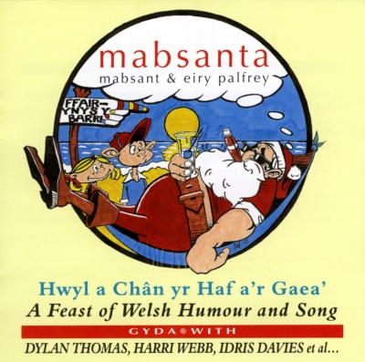 A colourful cartoon of several figures crammed into a red car inside a black-outlined circle, above stacked Welsh and English lettering.