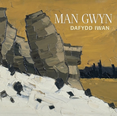 A textured painting of a tall rock stack above a pale, possibly surf-covered shore, beneath an ochre sky, with white title lettering at upper right.