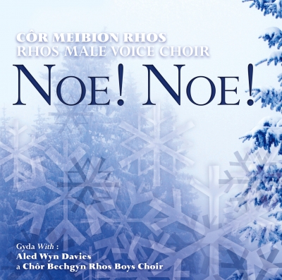 A blue winter forest and layered snowflakes beneath the large navy title “Noe! Noe!” and white choir credits.