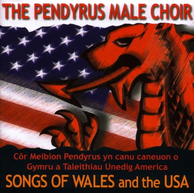 A red dragon sprawls across a diagonally sweeping American flag, above Welsh and English choir text.