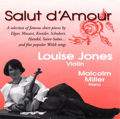 A monochrome violinist reclines across the bottom of a pink-red cover beneath the title “Salut d’Amour” and a red rose illustration.